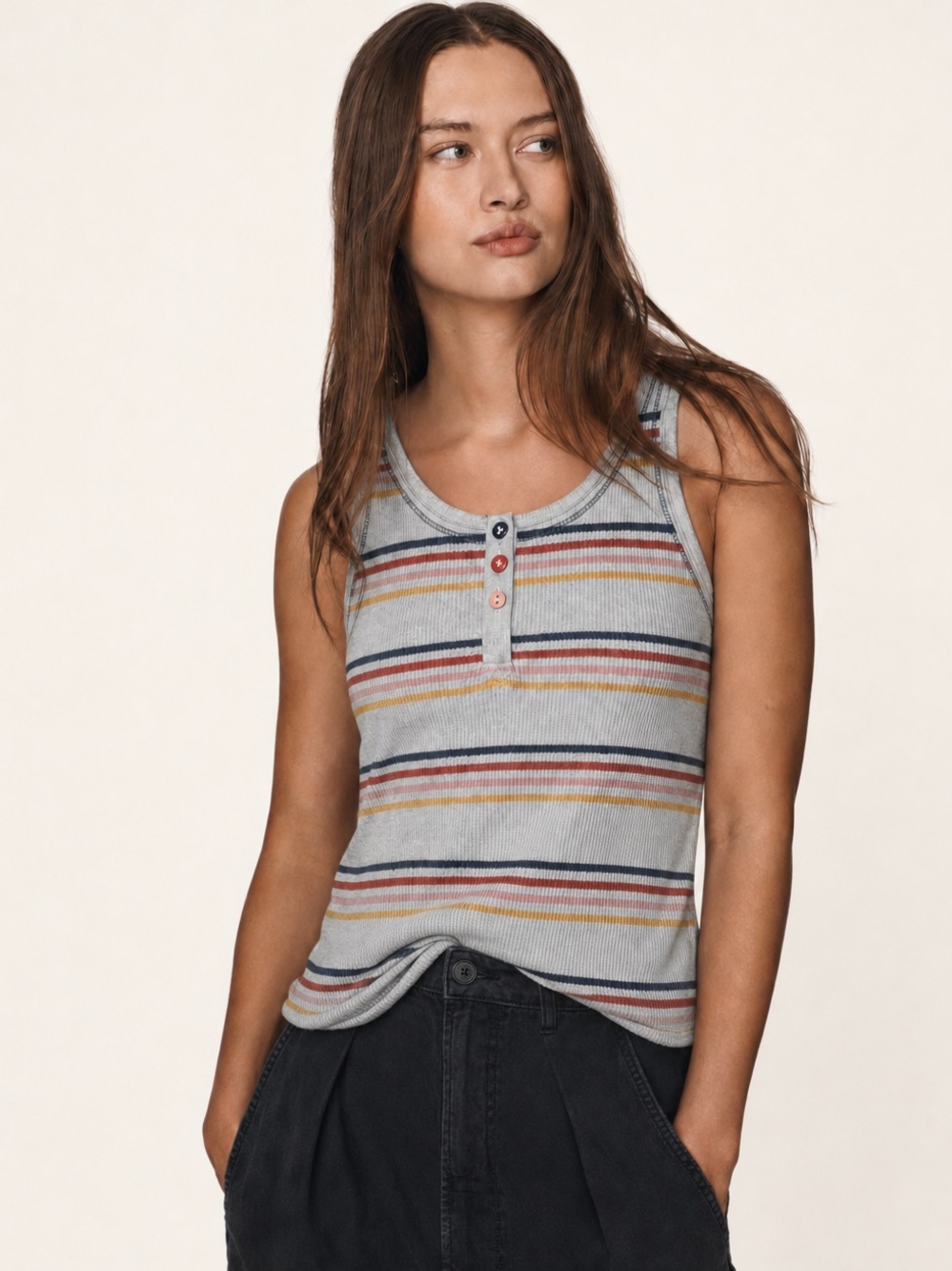 PJ Salvage Retro Striped Henley Thermal Tank Top Gray Multicolor M